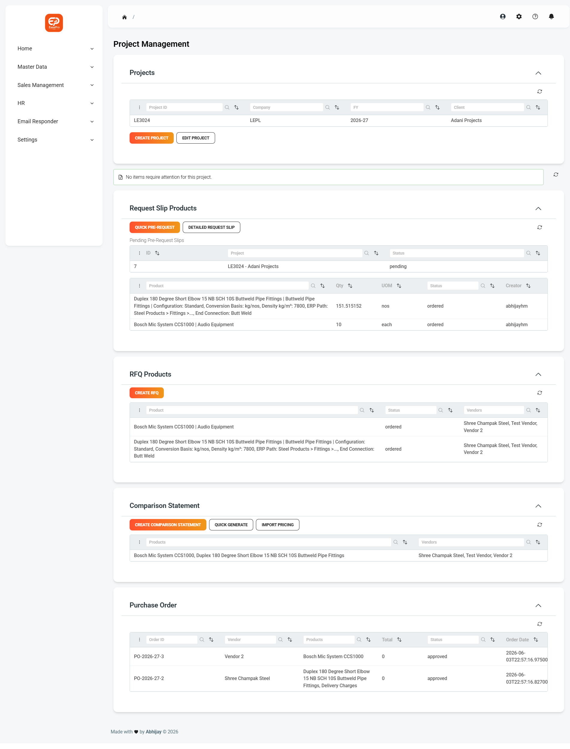 EasePro project page with procurement pipeline