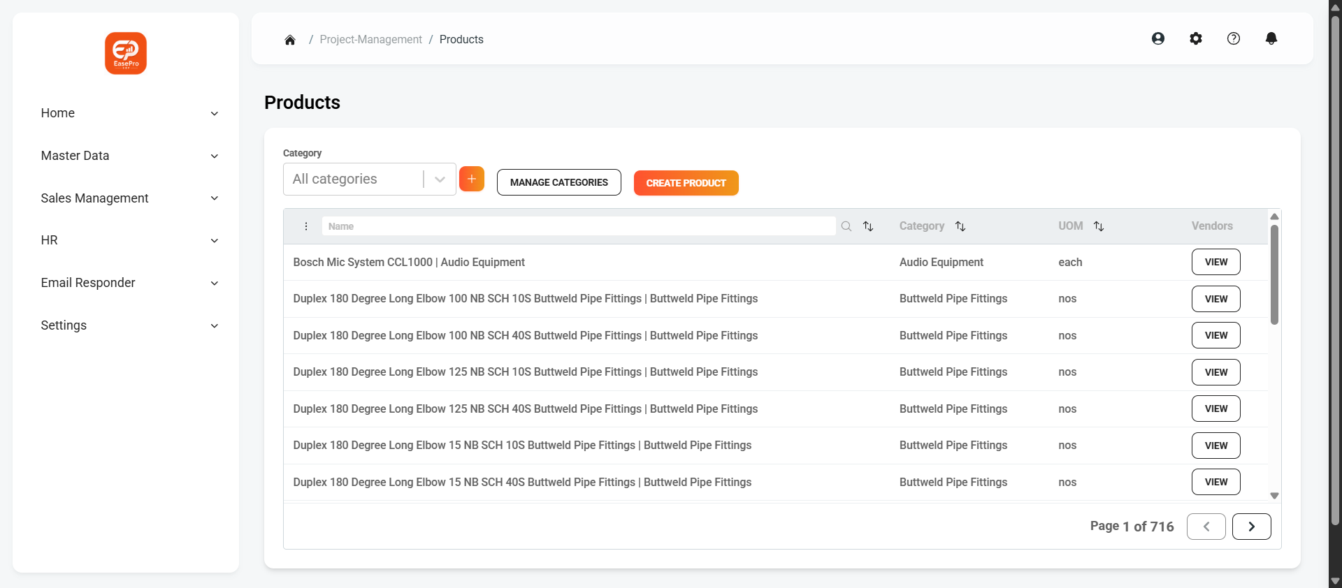 EasePro products catalog with attribute filters