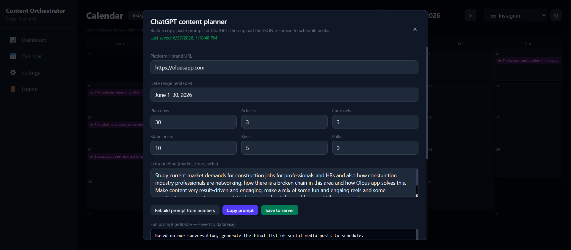 SocialPulse ChatGPT content planner modal