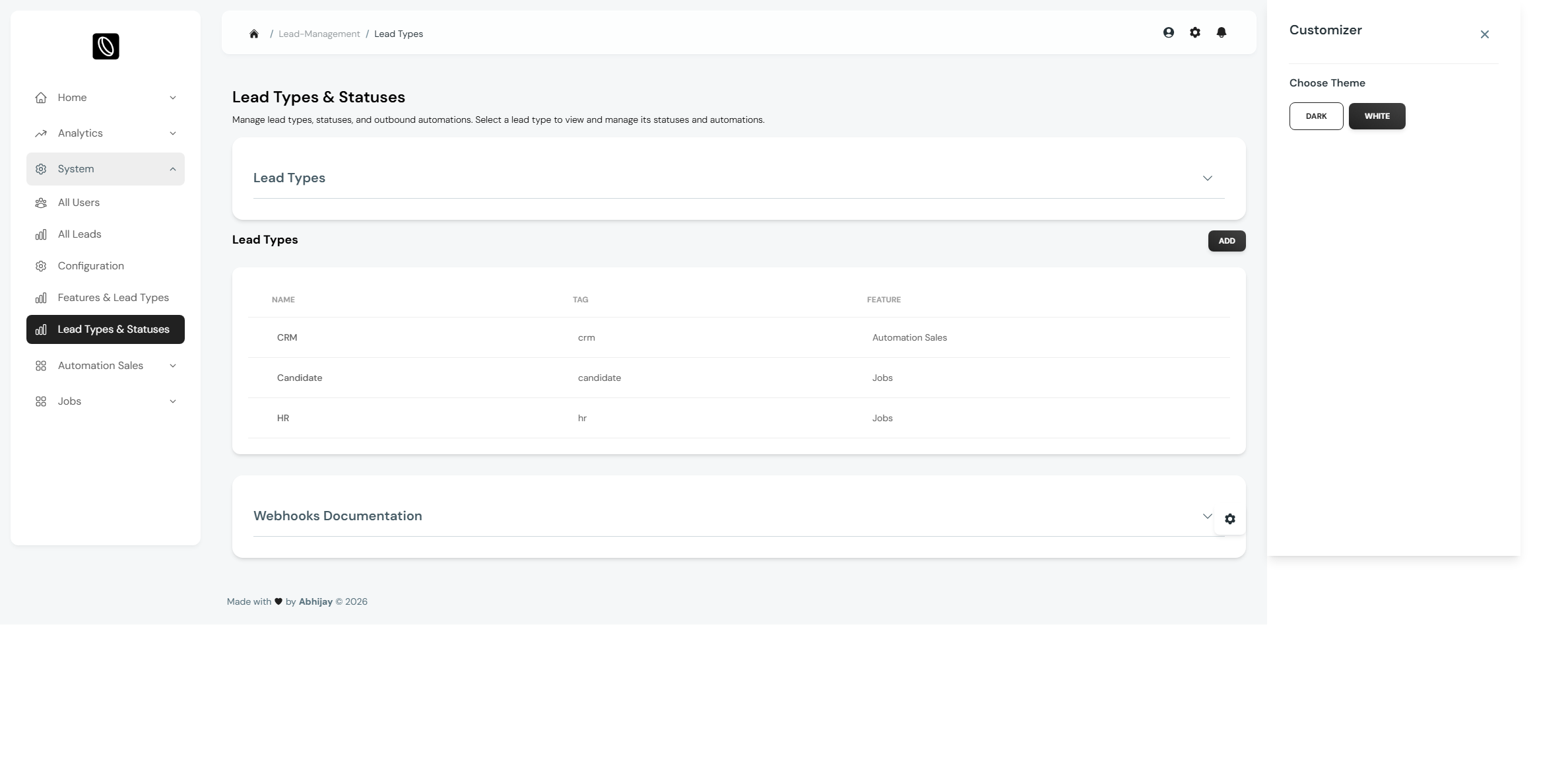 OmniCore CRM lead types and statuses configuration